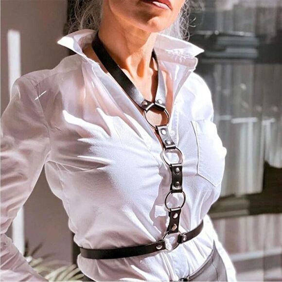 Black Leather Choker Chest Harness Silver O-Rings Adjustable Harness Belt - NEW main image 4